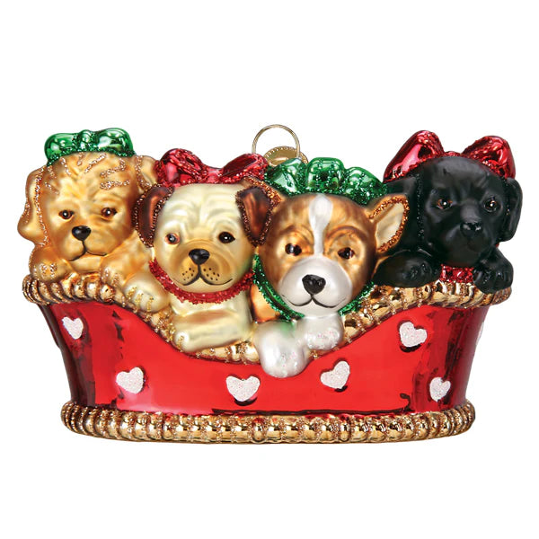 Puppies in Basket Glass Ornament by Old World Christmas, 3.5"