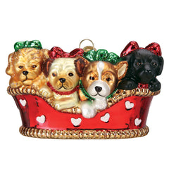 Puppies in Basket Glass Ornament by Old World Christmas, 3.5