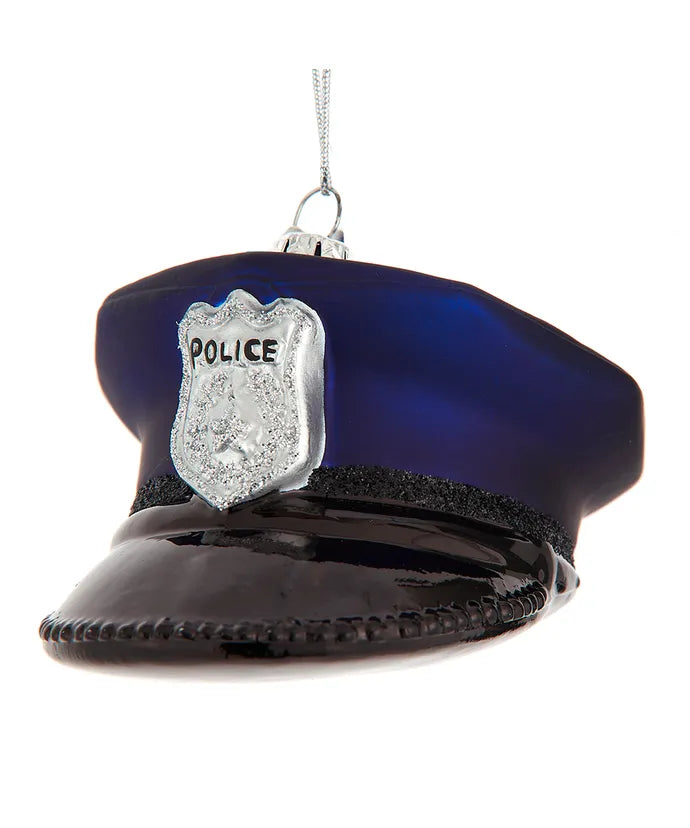 Police Hat Glass Ornament, 3.75"